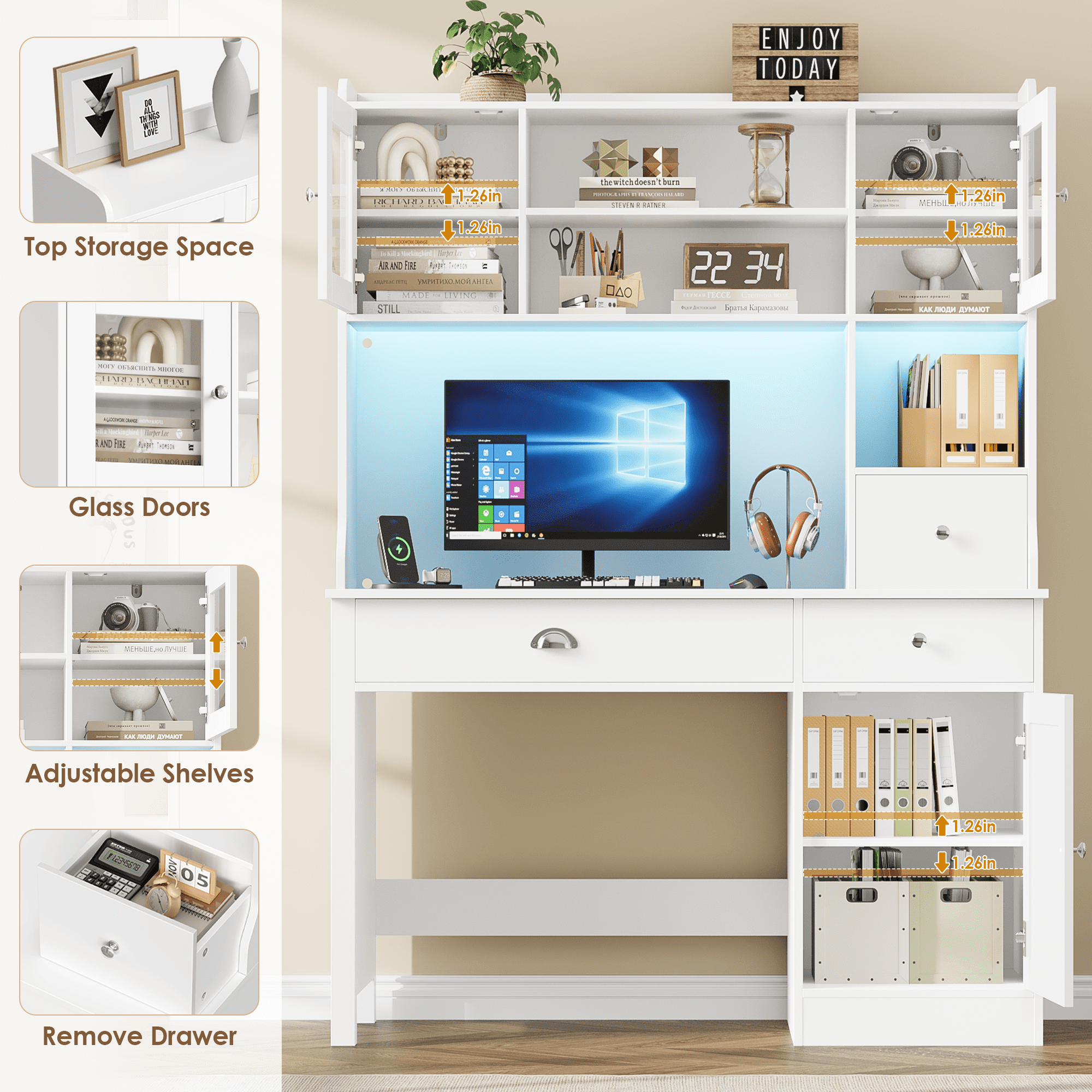 Homfa Executive Desk with Hutch & Power Outlets & LED Lights, Wood Writing Study Table, Home Office Computer Desk with Adjustable Shelves and Drawers, White