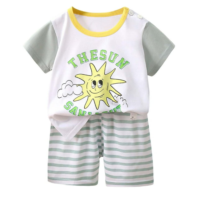 MIASHUI Boys Summer Clothes Kids Crew Neck Short Sleeve Tee Top Shorts Sets,Light Green,3-4 Years