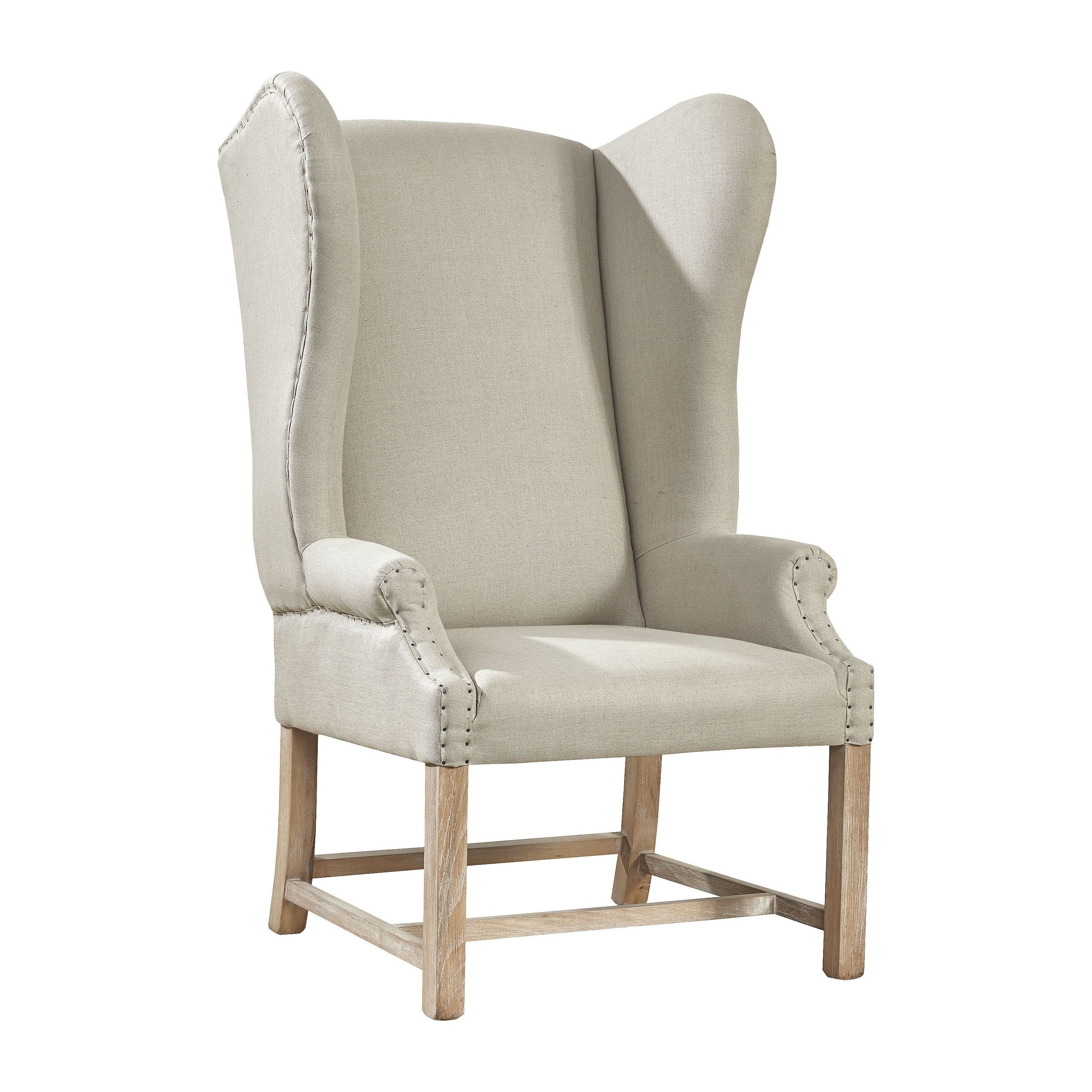 Lisbon Beige Linen and Oak Wingback Armchair with Nailhead Trim