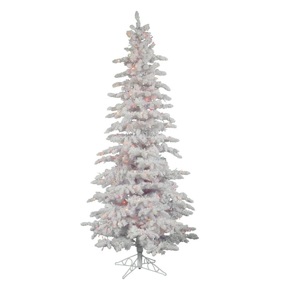 Vickerman Artificial Christmas Tree 6.5' X 39" Flocked White Slim 300 Multi-color Lights Italian LED