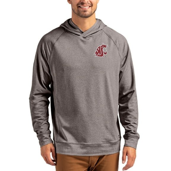 Men's Cutter & Buck Heather Charcoal Washington State Cougars Primary Logo Adapt Knit Raglan Pullover Hoodie