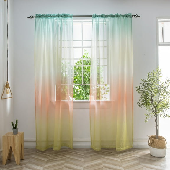 Curtain,Gradient Rainbow Color Screen Bedroom Wide Strip Curtain Fabric 2PCS