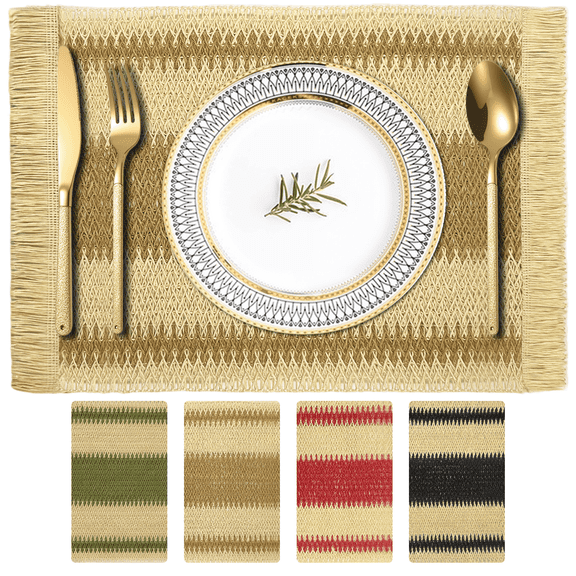 Homieway Placemats Set of 4, Boho Tassel Paper Woven Braided Placemats 12x18 inch Aesthetic Natural Rustic Place Mats for Dinner Wedding Party Beach Farmhouse Table Decoration, Brown