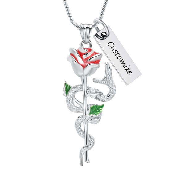 Personalize Stainless Steel Snake and Rose Flower Urn Pendant Memory Necklace for Cremation Ashes Keepsake Memorial Jewelry