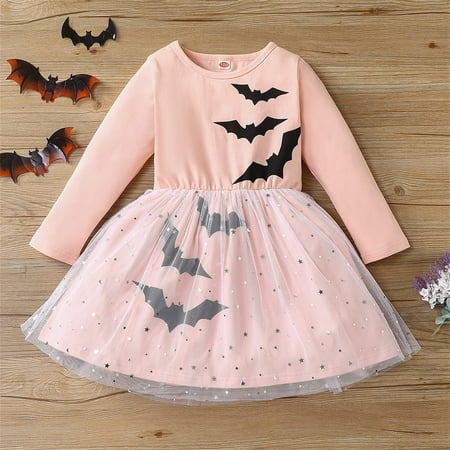 

Hbdhejl Toddler Girls Dress Kids Infant Long Sleeve Cartoon Halloween Bat Prints Mesh Tulle Princess Dress Pink 4-5 Years