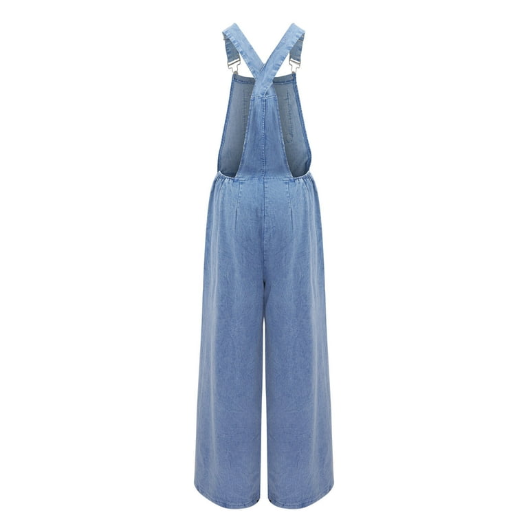 Women Jean Wide Leg Overalls Oversize Sleeveless Denim Jumpsuits Loose  Suspender Baggy Button Rompers with Pockets 