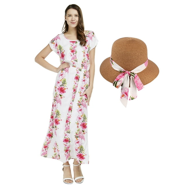 Robe Maxi Simple à Manches Courtes Hawaïenne pour Femmes 2TG et Chapeau Assorti Rose Blanc Hibiscus