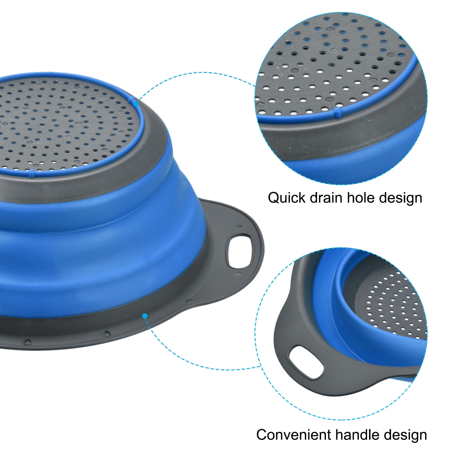 Unique Bargains Collapsible Colander Silicone Round Foldable Strainer Blue Diameter 9.4in