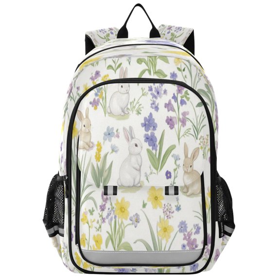 Flip-Top Backpack 17L Capacity Lightweight Bookpack Reflective Safety Strips & Adjustable Chest Strap Spring Garden with Bunnies