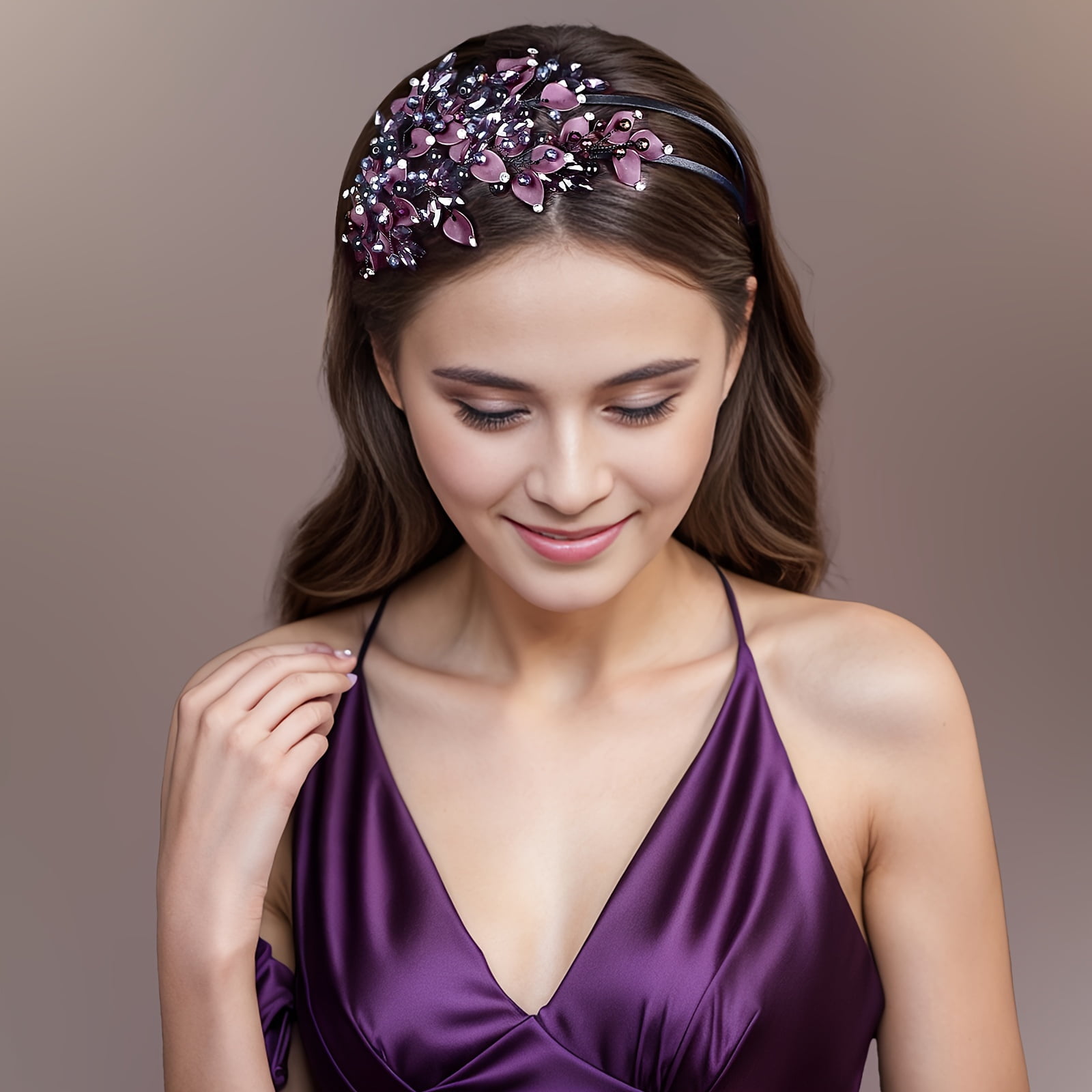 A stylish double-layered headband, designed for women, features purple polymer clay leaf patterns and rhinestones, making it the perfect accessory for photoshohoots and everyday wear.