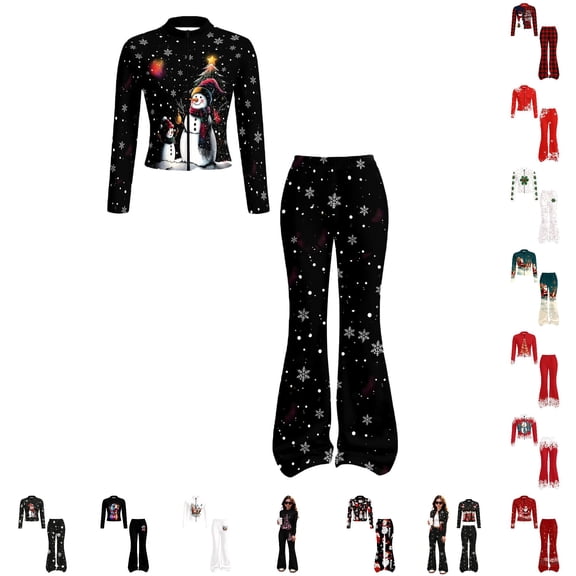 WhouRiu Girls Christmas Graphic Outfit Sets Fall Winter Long Sleeve Zip Up Jacket Flared Pants Clothes Set 4-14 Years