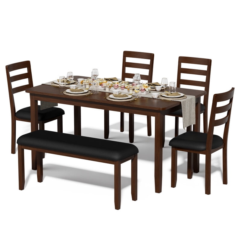 Lacoo Modern Simple Solid Wood Dining Table Set 6-Piece, 1 Table 4 Chairs 1 Bench, Kitchen Dining Room Furniture Set, Multiple Colors Available