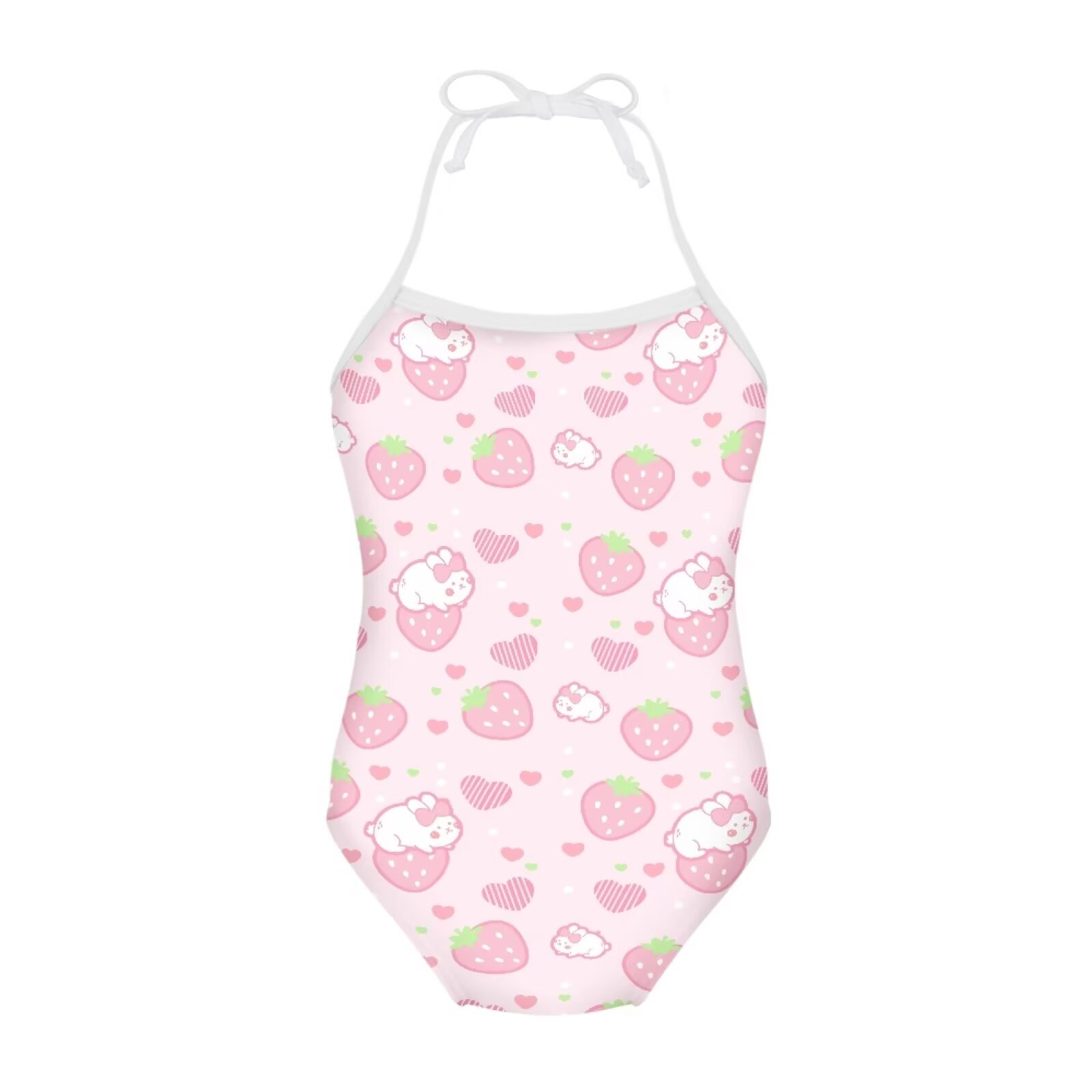 FOR U DESIGNS Strawberry Rabbit Teen Girls Swimsuits One Piece Halter Neck Bathing Suit Adorable Off Shoulder Lace-up Swimwear Size 9-10, Pink