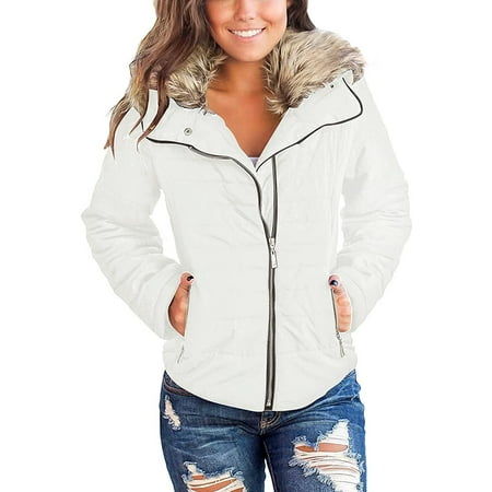 Vetinee Women Parka Jacket Faux Fur Lapel Zip Pockets Quilted Puffer Coat, Size S-2XL