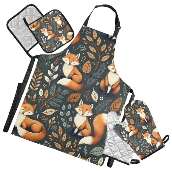 Fox and Leaves 5 Pcs Kitchen Set Heat Resistant Oven Mitts and Non-Slip Pot Holders with Adjustable Cooking Apron