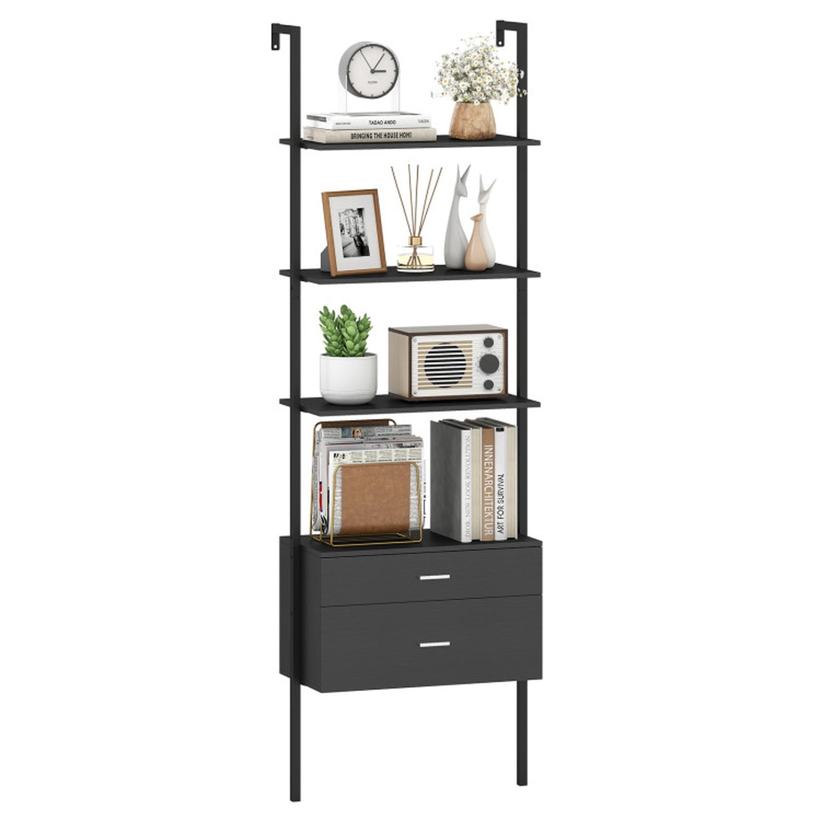 Furnibear 6-Tier Ladder Bookcase with 2 Drawers and Metal Frame for Living Room Home Office Bedroom Display Storage Shelf, Black