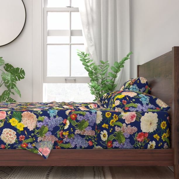 Floral Navy Blue Botanical French 100 Cotton Sateen Sheet Set By