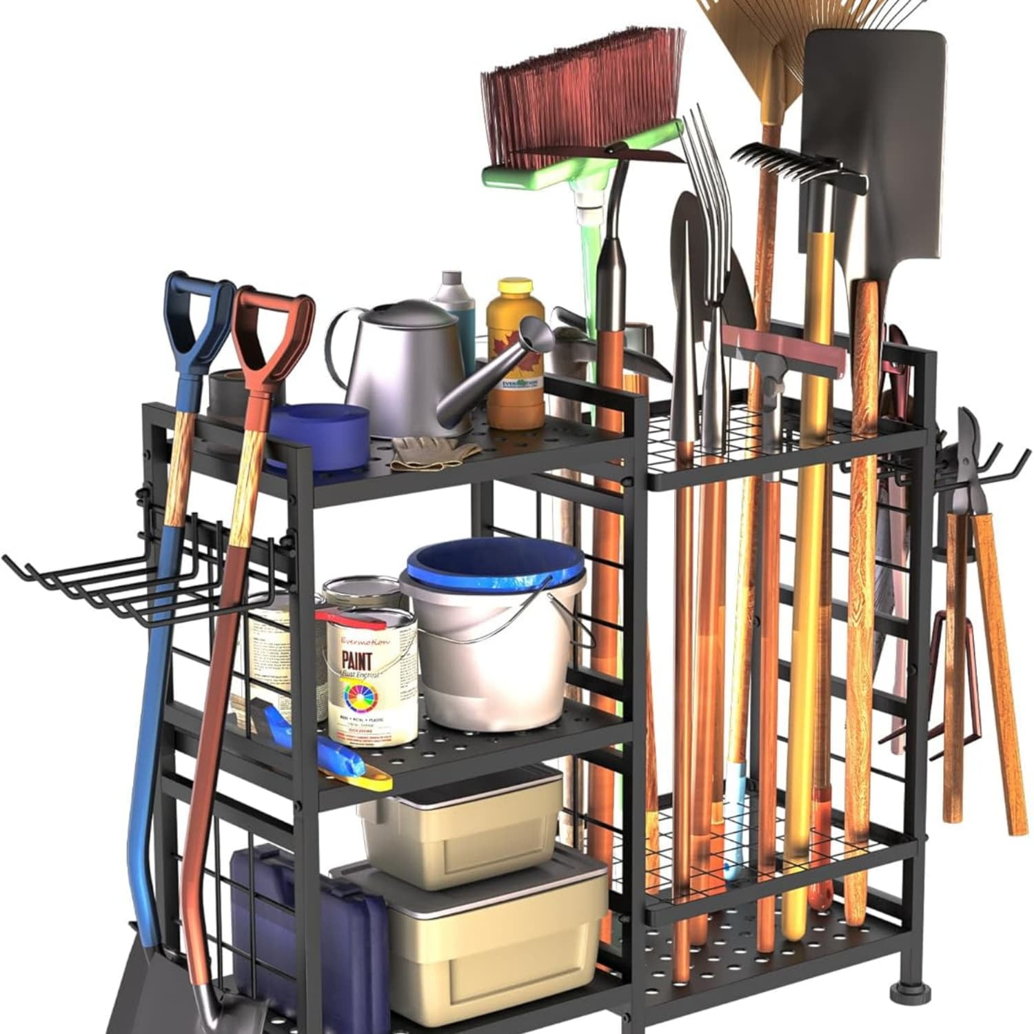 6 Tier Garden Tool Organizer, Garage Storage and Organization, Metal Yard Tools Storage Rack, Heavy Duty Garden Tool Organizer for Garage, Yard, Patio, Shed, Indoors and Outdoors, Black
