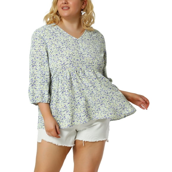 Blusas de talgrande pamujer Blucon volantes y péplum floral con cuello en V y estampado floral Ditsy Lavan4XL
