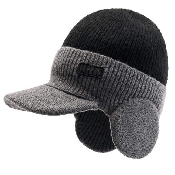 IDALL Winter Beanie with Brim and Ear Flaps for Men, Knitted hat with Fleece Lining for Warmth Caps for Men Women Black One Size