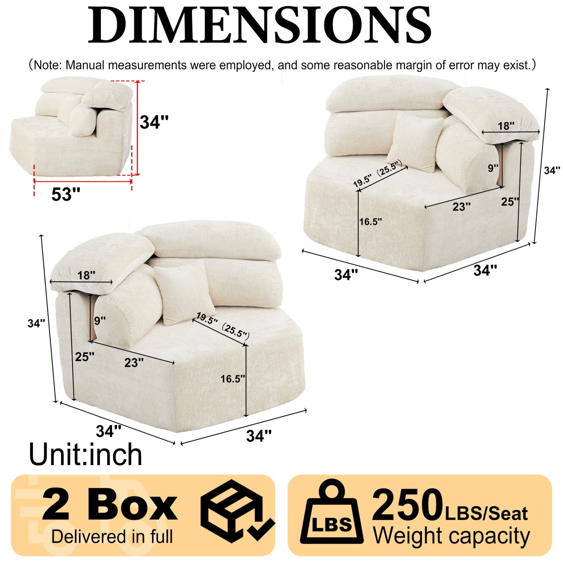 Sailvan 2PCS 53" Modern Corduroy Modular Lounge Chair, Pentagonal Seater Cloud Sofa with 6 Enveloping Pillows for Living Room Beige