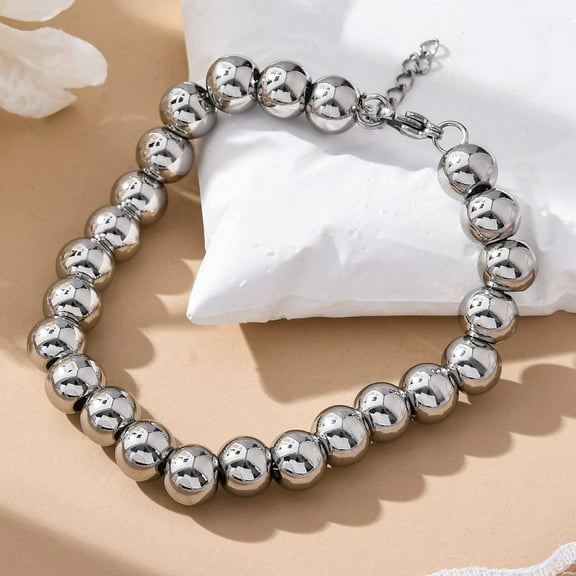 5 pc Non-Tarnish 202 Stainless Steel Round Beaded Bracelets for Men Women Stainless Steel color 6-3/4 inch(17cm)