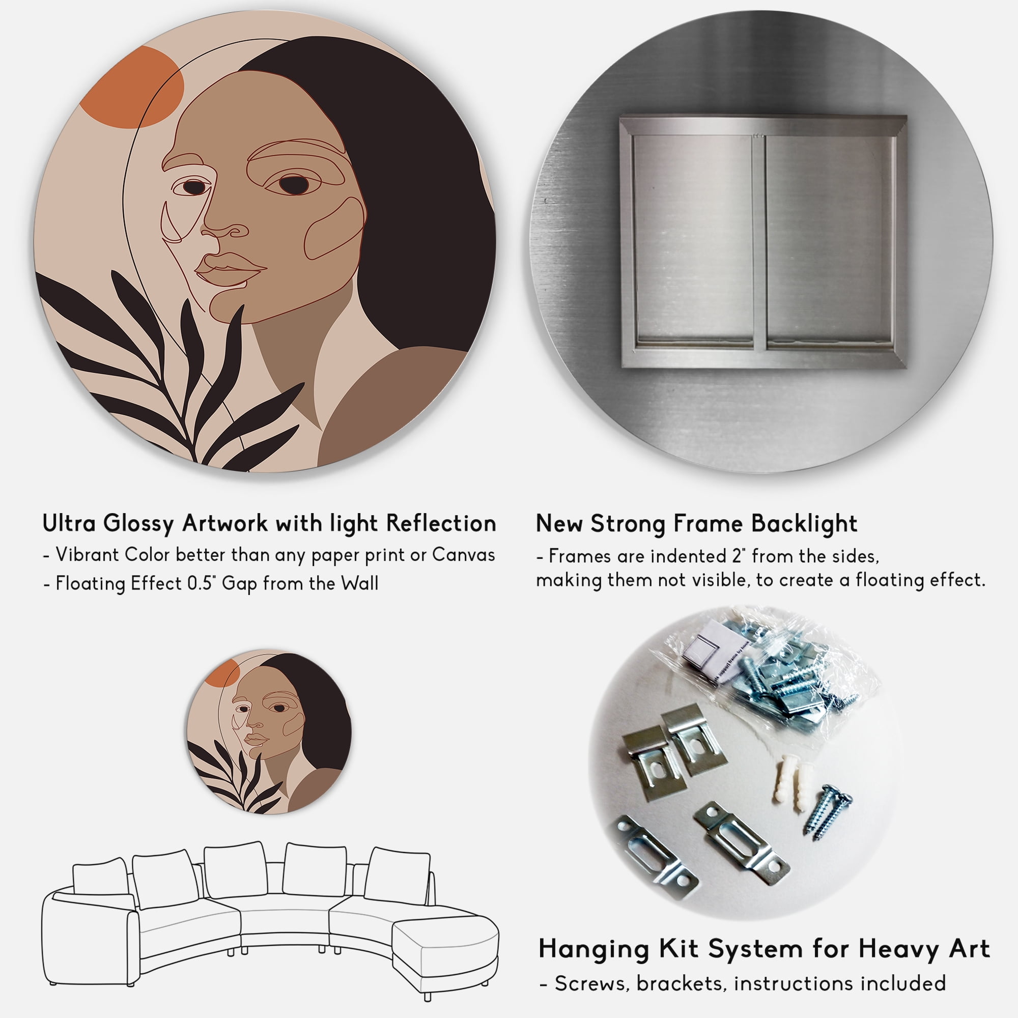 Designart 'Retro Minimal Portrait of Young Girl' Modern Circle Metal Wall Art 29x29 - Disc of 29