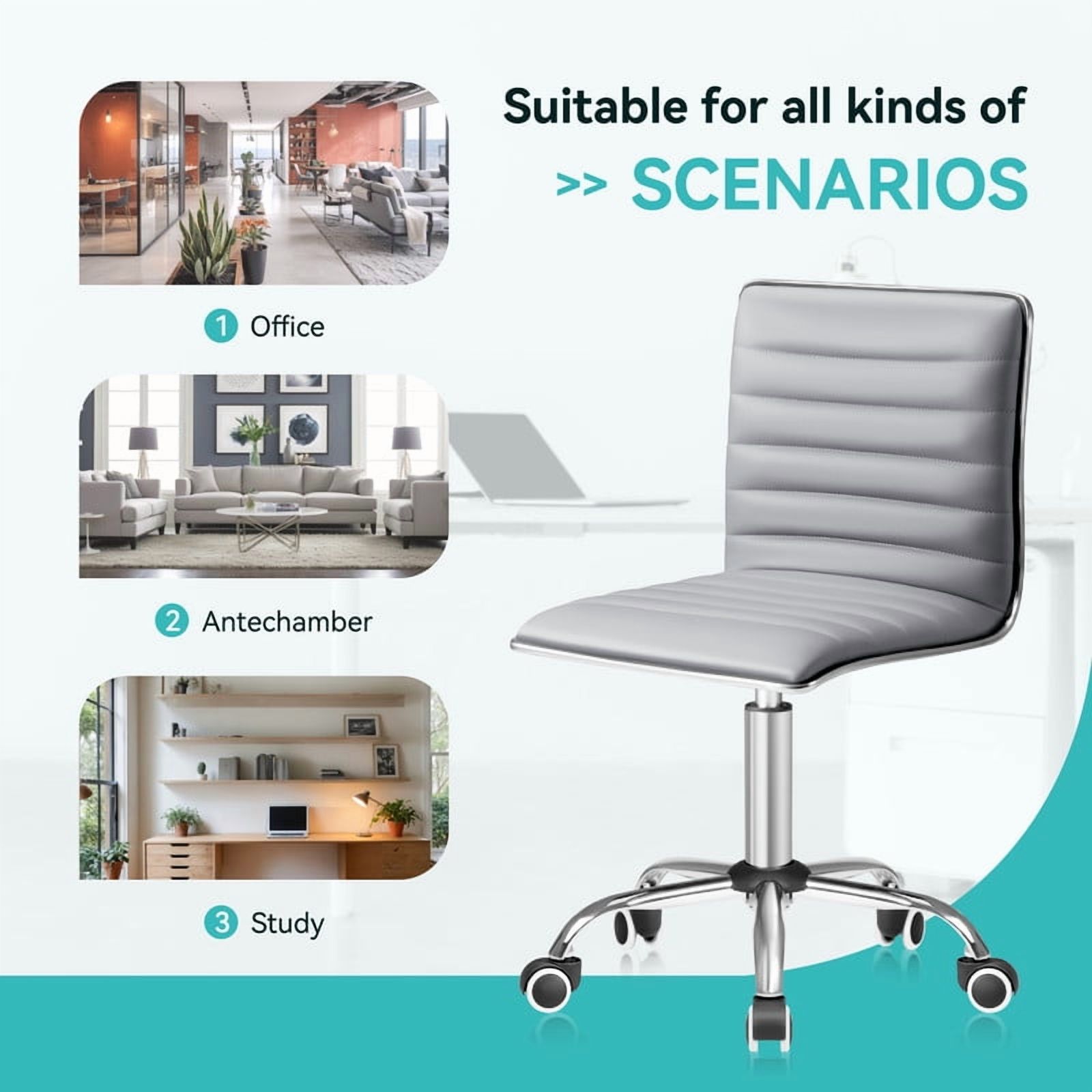 Furmax Leather Swivel Office Chair - Mid Back Vanity Chair for Makeup Desk, Armless Ribbed Task Chair with Ergonomic Support (Light Gray)