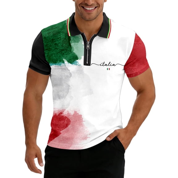 Men's Polo Shirts Men's Short Sleeve Zip Neck Polo Shirt Italian Flag Print Modern Themed Casual Climate Comfort Everyday Style Lightweight Breathable Black L