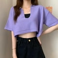 thumbnail image 3 of FNNMNNR Women V Neck Loose T Shirt Summer Navel Exposed Short Sleeves Knitted Tops, 3 of 3