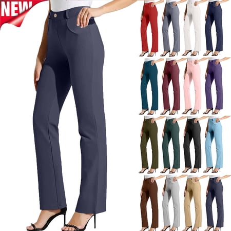 Tqyyweavej Work Pants Women Straight Leg Stretch Lounge Office Pants Elastic Waisted Solid Color Yoga Pants with Pockets S-2XL