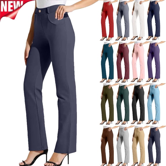 Tqyyweavej Work Pants Women Straight Leg Stretch Lounge Office Pants Elastic Waisted Solid Color Yoga Pants with Pockets S-2XL