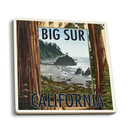 

Big Sur California Trees and Ocean Scene (Absorbent Ceramic Coasters Set of 4 Matching Images Cork Back Kitchen Table Decor)