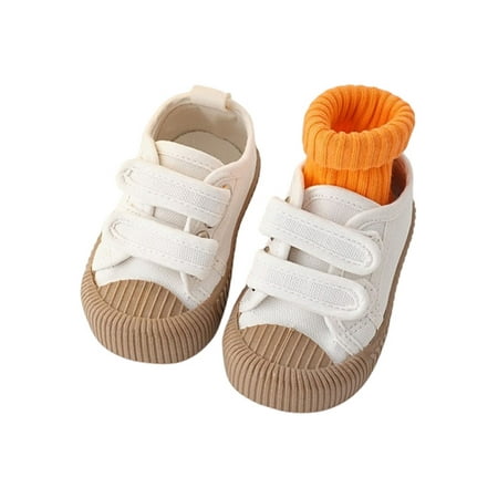 

Colisha Kids Flats Skate Casual Shoes Comfort Sneakers Walking Magic Tape Canvas Shoe Slip On White-Khaki Sole 7.5C