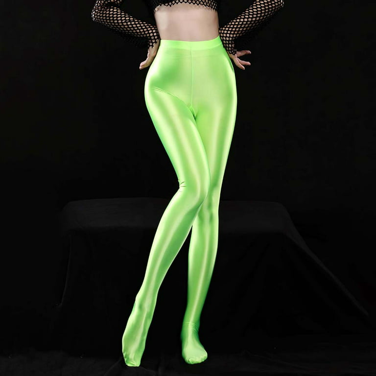 ALSLIAO Women's Shiny Silky Pantyhose Satin Glossy Stockings Nylon Yoga  Tights Dancewear Deep Fluorescent Green M 