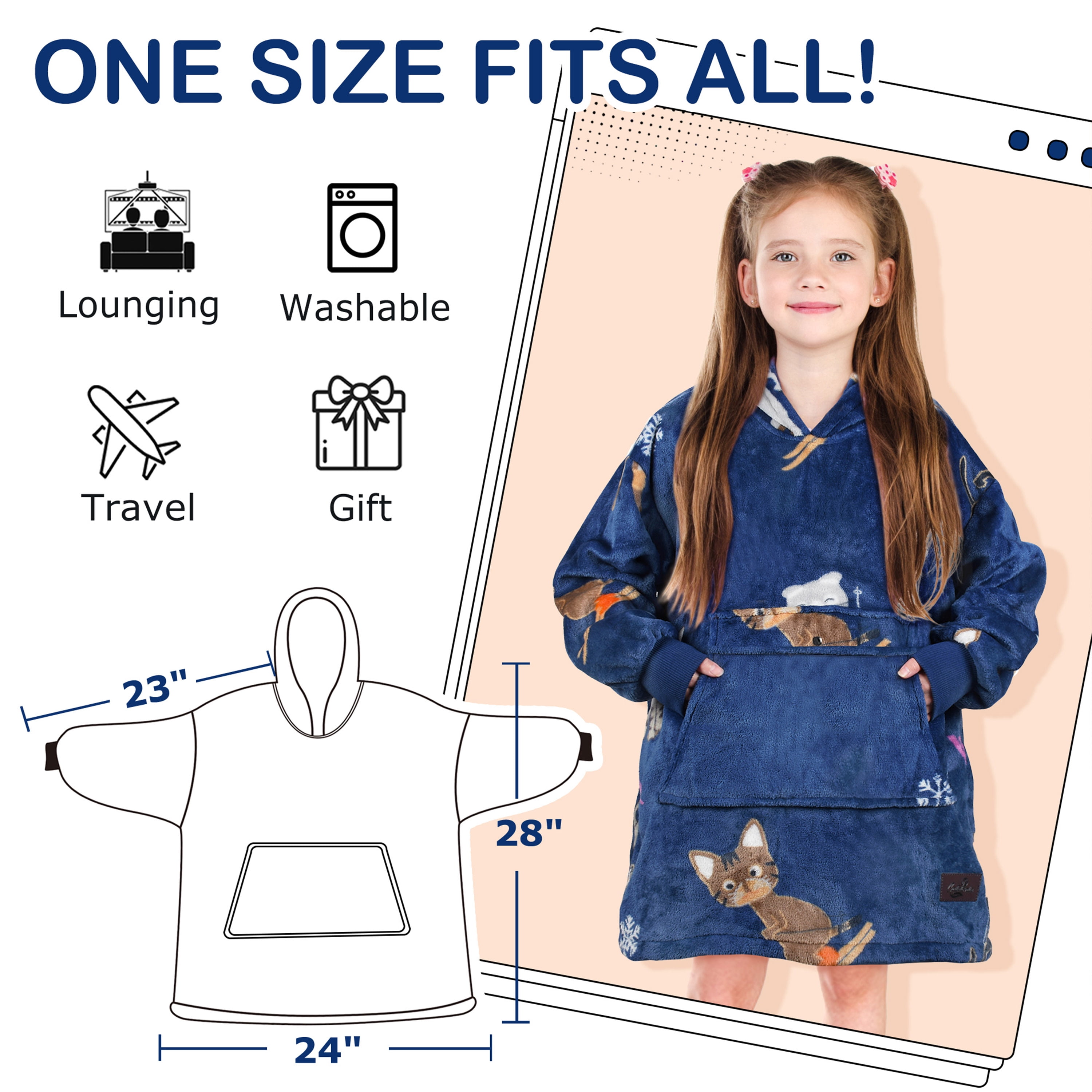 Catalonia Ski Cat Wearable Blanket Hoodie for Kids, Fleece Snuggy Sweatshirt Pullover, 4-12 Years Boy Girl Gift, 28 × 24 inches