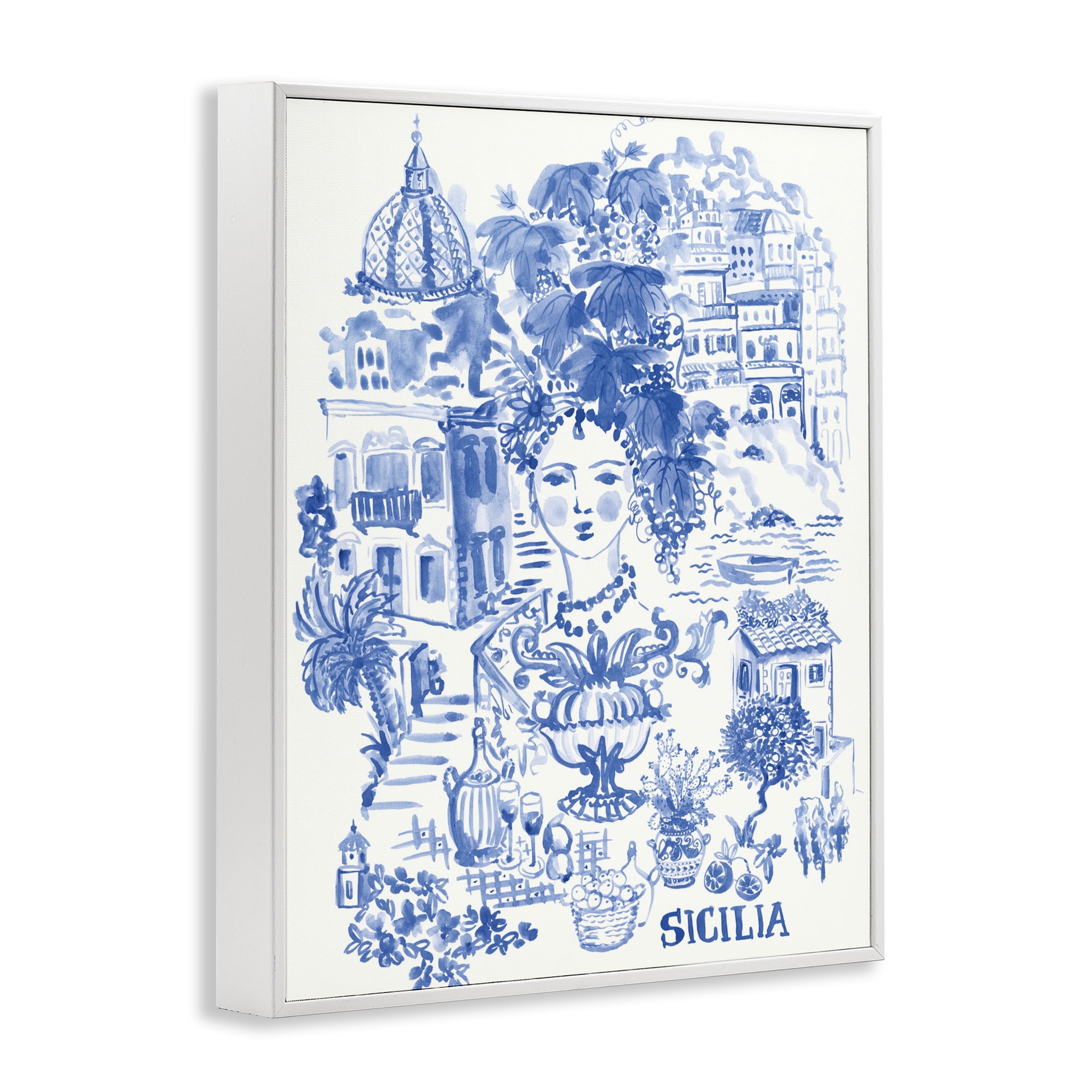 Stupell Industries Sicilia City In Blue White Framed Giclee Art, design by Karolina Sato
