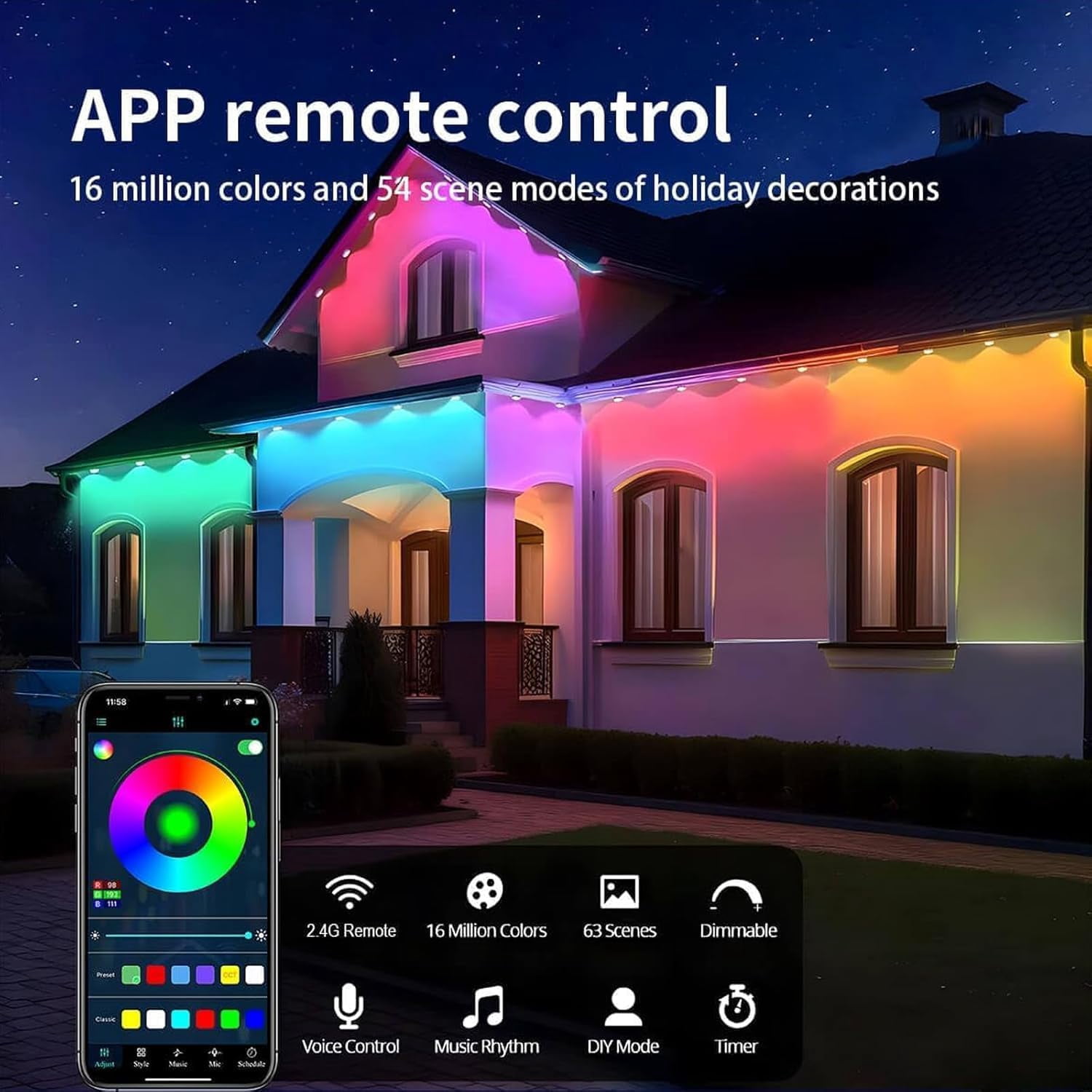 Prociv Permanent Outdoor Lights 100ft, Outdoor Christmas Lights, Smart RGB App Control with 60 LEDs, LED Eaves Lights IP67 Waterproof, House Roof Outdoor Lighting for Party, Daily, Halloween, Garden