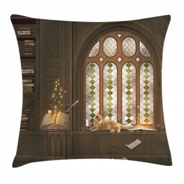 Gothic Decor Throw Pillow Cushion Cover, Room for Study in Medieval Library with Cat Sleeping on Window Antique Mansion, Decorative Square Accent Pillow Case, 24 X 24 Inches, Taupe, by Ambesonne