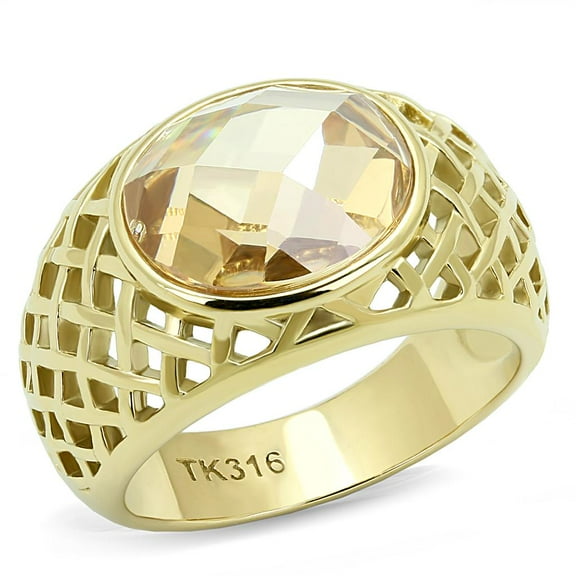 IP Gold(Ion Plating) Stainless Steel Ring with AAA Grade CZ in Champagne for Women Champagne Stone Color Style TK3122 Size 10