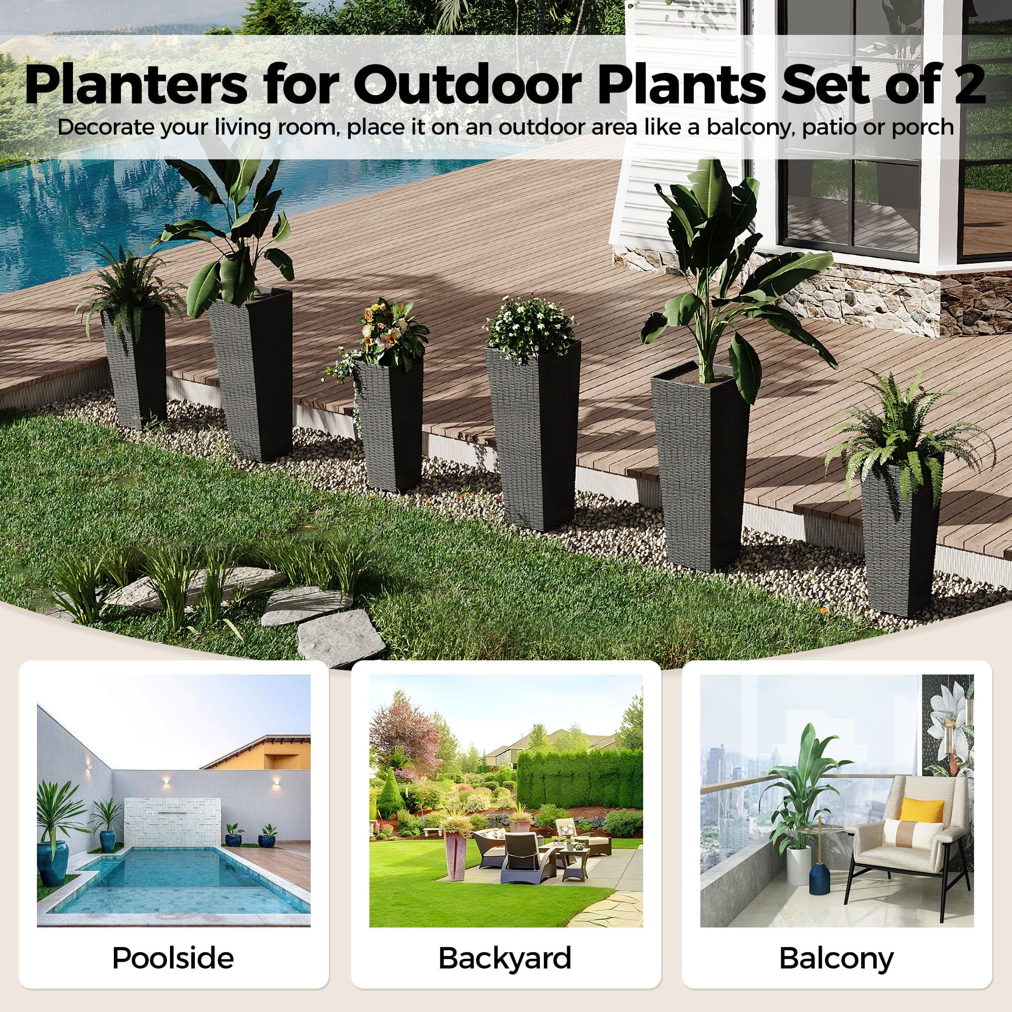 Tall Plastic Planters Set of 2,Large Rattan Tall Planter with 4 Drainage Holes,Indoor/Outdoor Decorative Flower Pots for Patio,Backyard, Home Garden（24 Inch+32 Inch）
