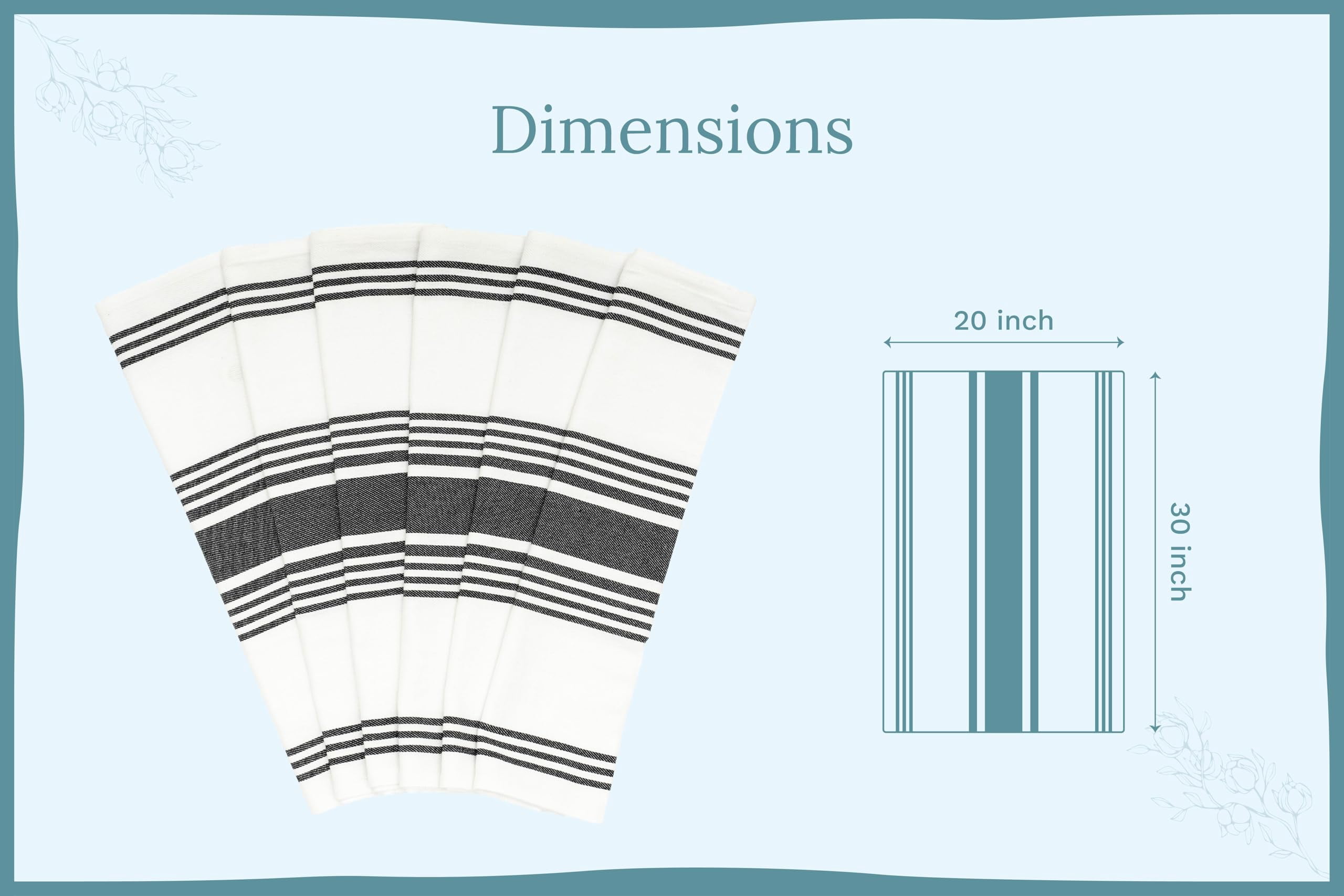 Striped Cotton Dish Towels, Absorbent, Washable, 30x20" (Black, Pack of 6)