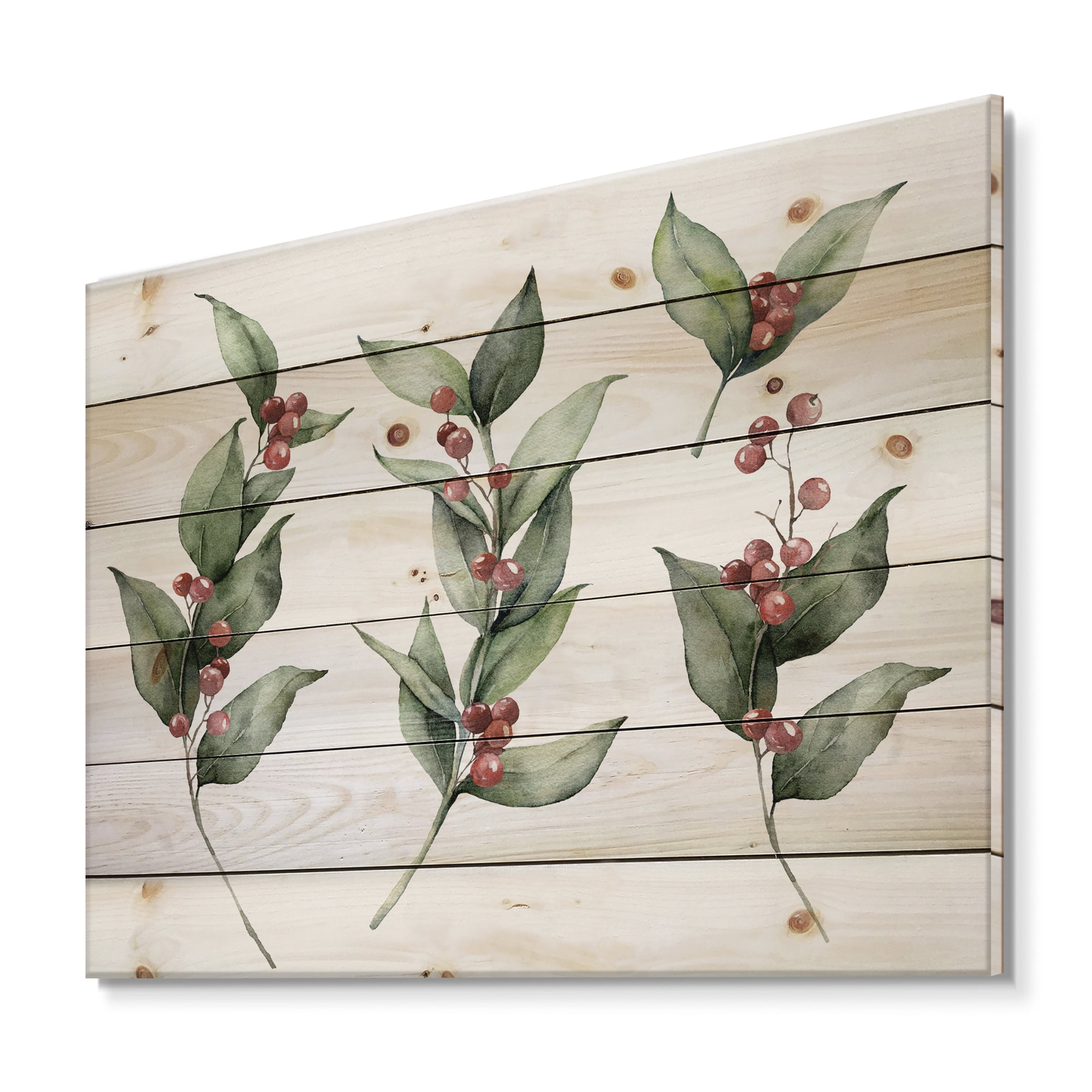Designart 'Christmas Set Red Berrie With Branches' Traditional Print on Natural Pine Wood