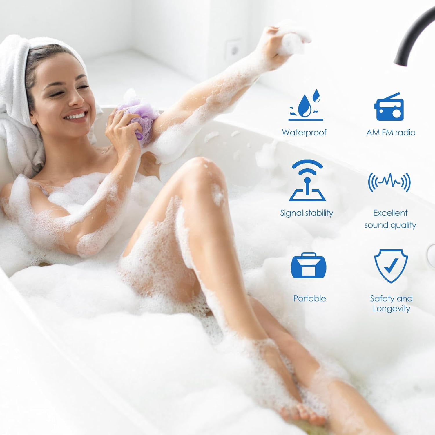Waterproof Shower Radio, Portable AM/FM Bathroom Radio with Large Speaker for Crystal Clear Sound, Anti-Fog Design for Steamy Showers, Enjoy News & Music with Easy Knob Control.