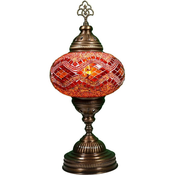 KusKuus Handmade Turkish Lamp, Decorative Moroccan Lamp, Mosaic Boho Bedside Night Lamp, Vintage Mosaic Table Lamp Stained Glass Globe and Brass Colored Base with 8W LED Bulb and US Plug BSC13