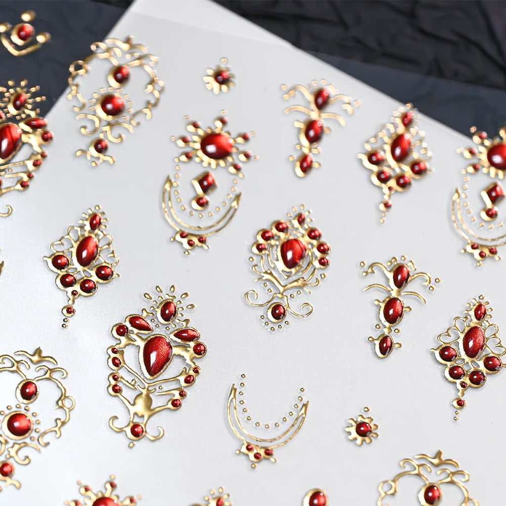 2pcs Baroque Retro Ruby Nail Art Stickers - Embossed 3D Epoxy Adhesive Nail Decorations