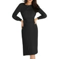thumbnail image 1 of Sedceaty Women Spring Dress with Waist Belt, Plain Color Long Lantern Sleeve Crew Neck Knitted Pleated Dress, Ladies Fall Midi One-Piece, 1 of 7