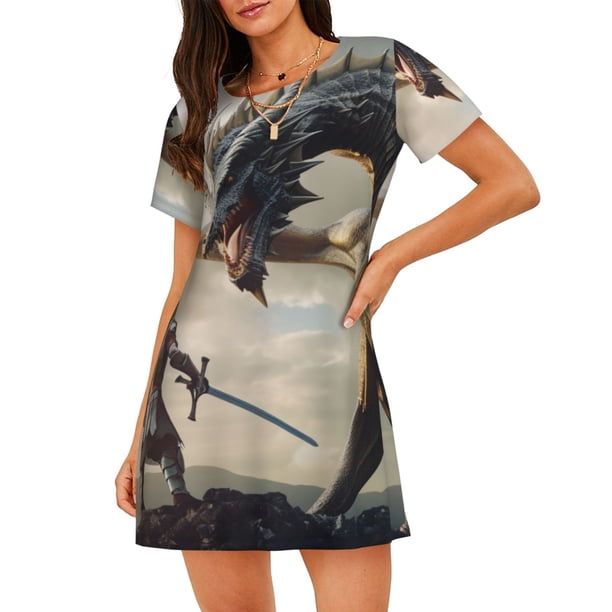 Fotbe Swordsman Cool Dragon Bata de Dormir para Mujer con Estampado, Camisón de Algodón de Manga Corta, Ropa de Dormir Casual