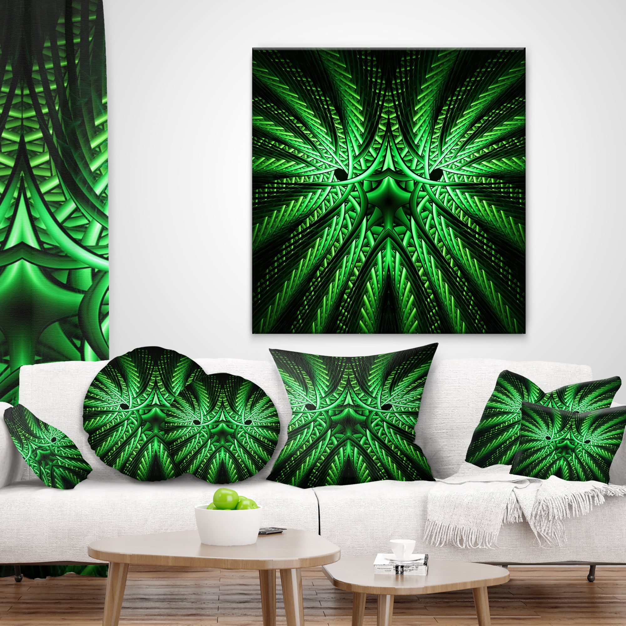 Designart Glowing Green Fractal Flower in Black - Abstract Throw Pillow - 16x16