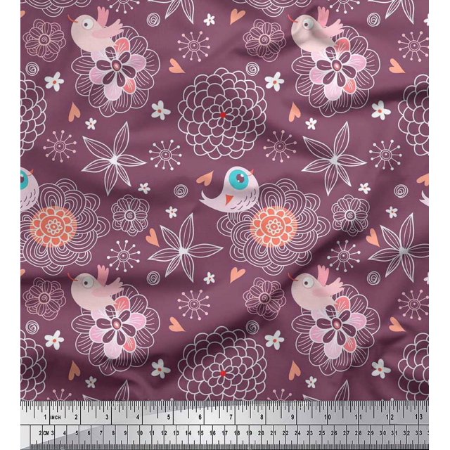 Soimoi Rayon Fabric Heart,Floral & Bird Kids Printed Fabric 1 Yard 56 Inch Wide
